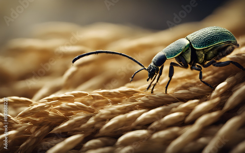 A weevil boring into a grain of wheat, showcasing the destruction caused to crops