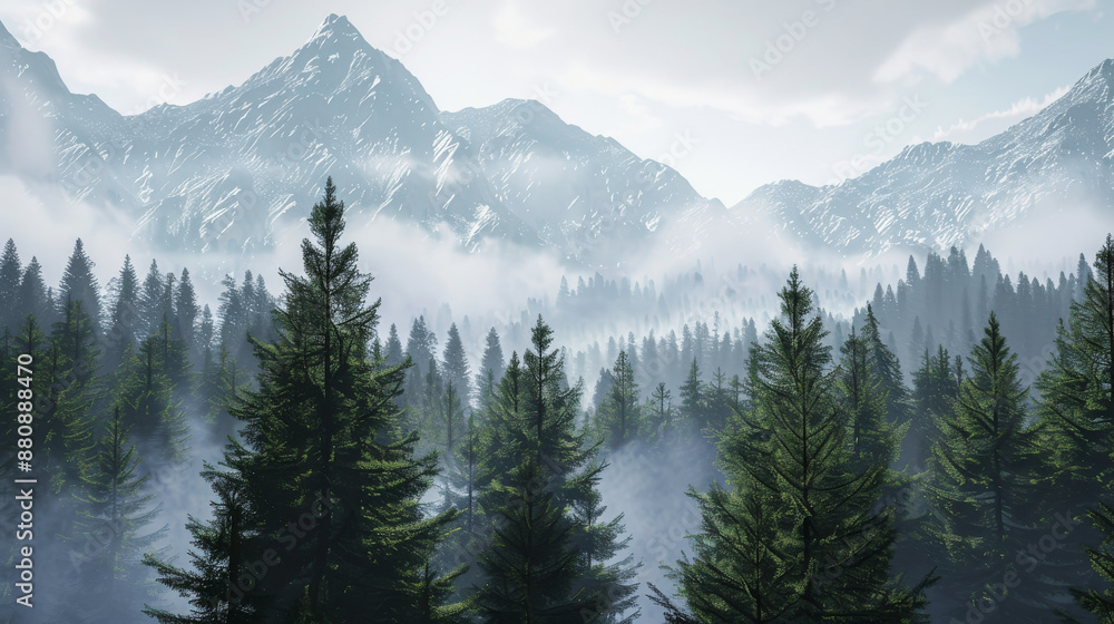 Majestic pine trees rise through the mist, with towering mountain peaks in the distance. Majestic pine trees rise through the mist, with towering mountain peaks in the distance.