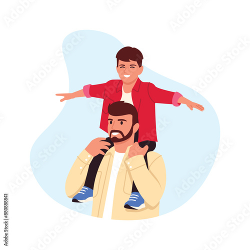 Vector illustration of a dad holding son on his shoulders.Cartoon scene of a little happy boy sitting on shoulders of a smiling dad, with beard and mustache,strong hands isolated on white background.