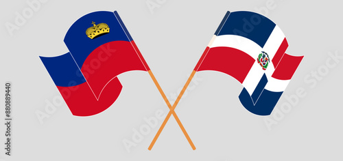 Crossed and waving flags of Liechtenstein and Dominican Republic