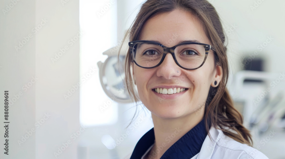 A smiling woman in glasses and lab coat exudes professionalism and warmth in a clean, bright environment. A smiling woman in glasses and lab coat exudes professionalism and warmth in a clean, bright environment.