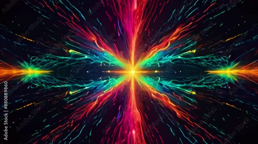 neon-colored waves exploding outward from a central point, creating a mesmerizing effect. Include grainy overlays and VHS scan lines for added authenticity, 4K abstract Wallpaper animation video neon-colored waves exploding outward from a central point, creating a mesmerizing effect. Include grainy overlays and VHS scan lines for added authenticity, 4K abstract Wallpaper animation video