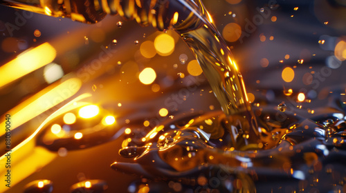 Golden liquid being poured, with sparkling bokeh lights creating a magical and luxurious atmosphere in the foreground.