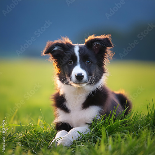 Nice purebred dog border collie puppy lying on the green grass of the meadow