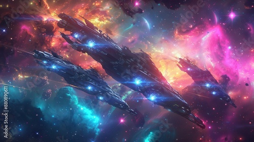 A futuristic fleet of spaceships navigating through space, with an elaborate, cosmic background photo