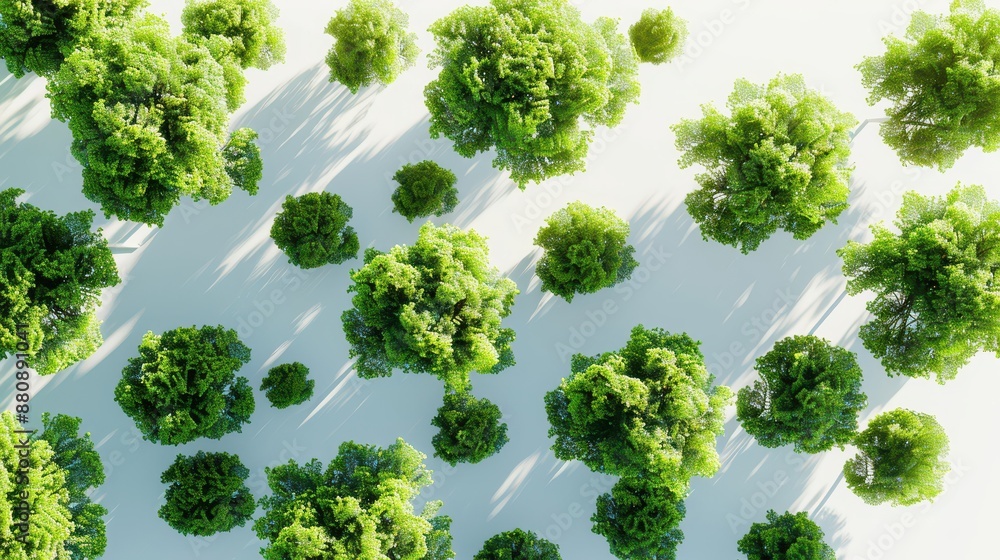 Obraz premium A minimalistic 3D model of densely packed cartoon trees, top-down view, with dynamic lighting and shadows, set against a light, neutral background