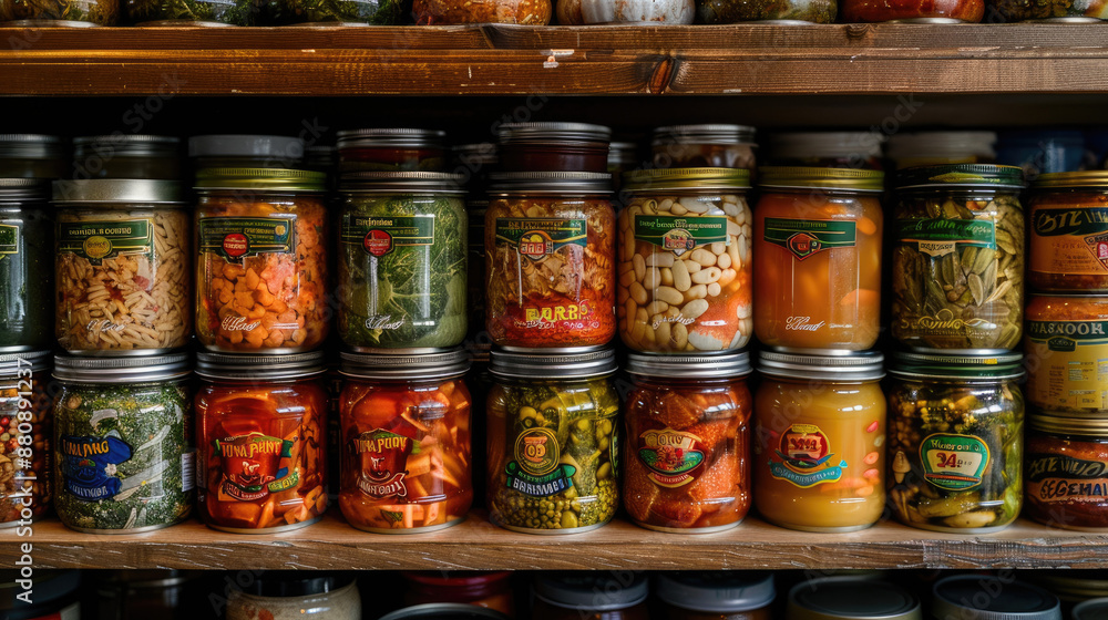 A variety of canned soups and broths displayed on a pantry shelf, highlighting different flavors A variety of canned soups and broths displayed on a pantry shelf, highlighting different flavors
