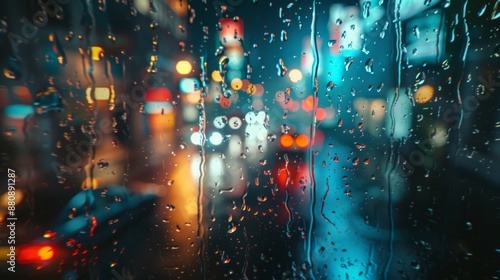 Rain on window with colorful city lights blurred in bokeh, capturing the essence of a rainy urban night.