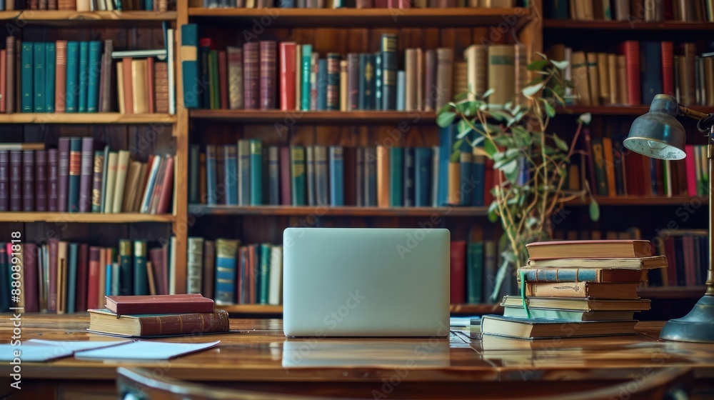 Table with laptop and books in library Modern education concept of studying and reading Table with laptop and books in library Modern education concept of studying and reading