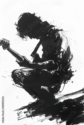 A black and white sketch of a musician playing a guitar