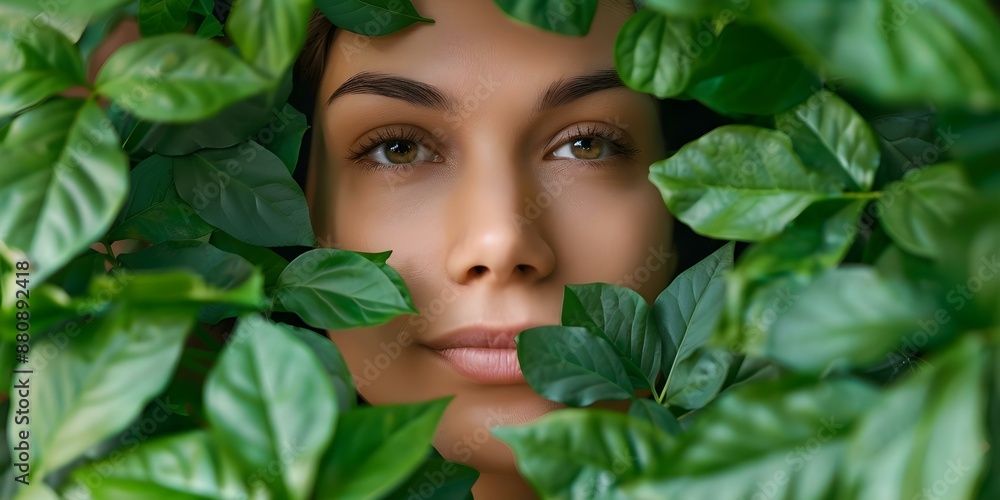 A woman surrounded by green leaves symbolizing sustainability and carbon neutrality. Concept Green Lifestyle, Environmental Conservation, Carbon Footprint, Sustainable Living, Eco-Friendly Choices A woman surrounded by green leaves symbolizing sustainability and carbon neutrality. Concept Green Lifestyle, Environmental Conservation, Carbon Footprint, Sustainable Living, Eco-Friendly Choices