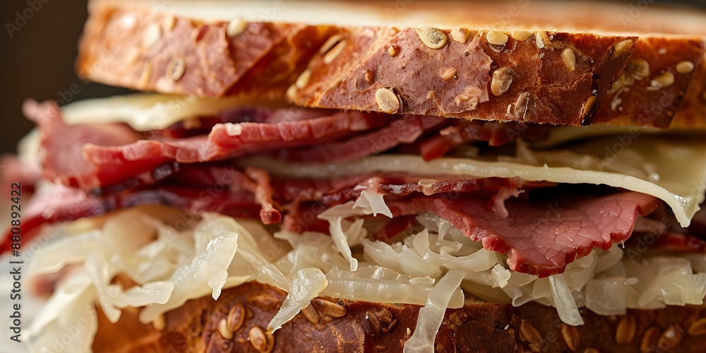 Detailed view of a Reuben sandwich showcasing layers of corned beef and sauerkraut. Concept Food Photography, Reuben Sandwich, Layered Ingredients, Mouthwatering Shot Detailed view of a Reuben sandwich showcasing layers of corned beef and sauerkraut. Concept Food Photography, Reuben Sandwich, Layered Ingredients, Mouthwatering Shot