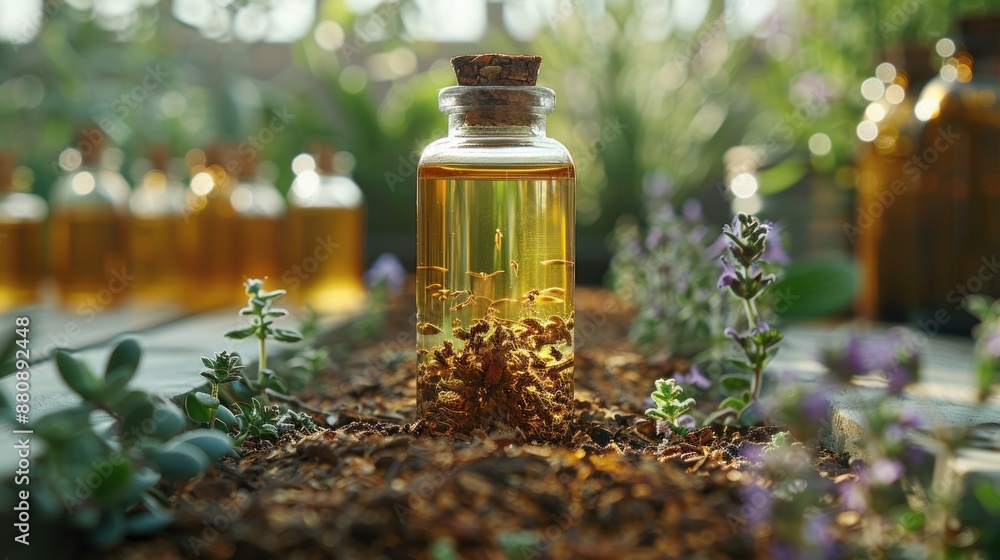 Herbal Oil in Glass Bottle on Soil Herbal Oil in Glass Bottle on Soil