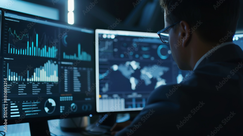 An expert engrossed in studying vast amounts of data on multiple screens, illuminated only by the glow of the monitors in a dark room. An expert engrossed in studying vast amounts of data on multiple screens, illuminated only by the glow of the monitors in a dark room.