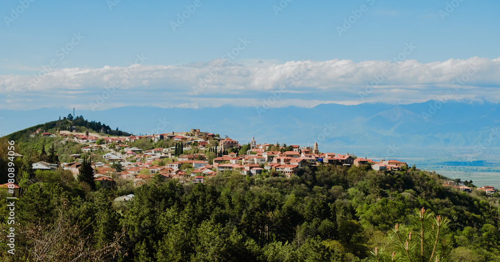 Signahi Signagi city town in Georgia. Sunny weather with clouds and mountains on a background. Roofs and houses on big hill. Travel in Sakartvelo, Georgia. Signahi Signagi city town in Georgia. Sunny weather with clouds and mountains on a background. Roofs and houses on big hill. Travel in Sakartvelo, Georgia.