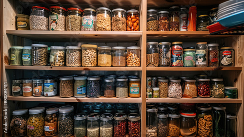A well-stocked pantry with neatly organized canned goods and dry foods © kanesuan