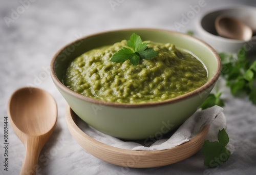 salsa verde in a stylish bowl, with a wooden spoon for serving, ad shot, copy space for text 