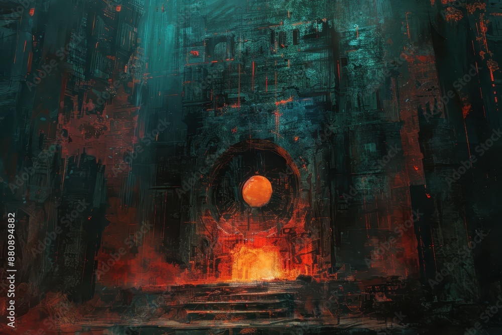 Mysterious portal in an underground temple bathed in an eerie red light Mysterious portal in an underground temple bathed in an eerie red light