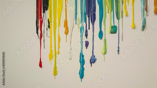 Streams of bright, multicolored paint dripping down a white wall, creating a playful and vibrant display of abstract art.