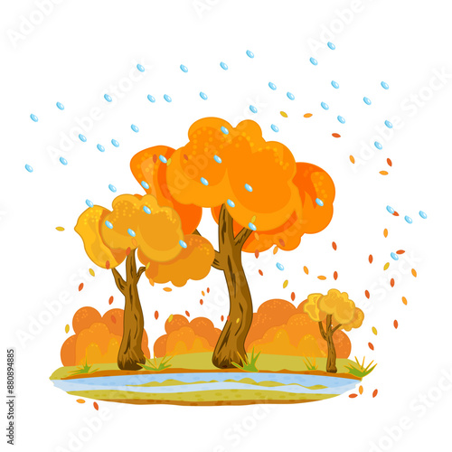 Autumn trees, shrubs and rain on white background.. Yellow and red leaves falling downwind.Autumnal season golden garden or fall forest tree foliage.Autumn weather and nature.Stock vector illustration
