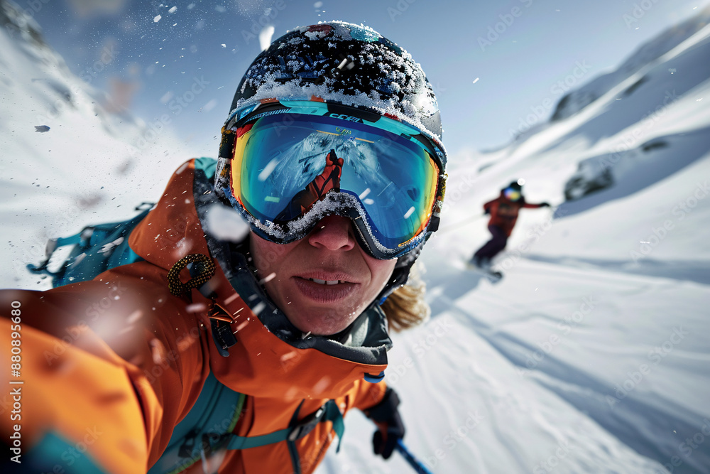 A skier wearing an orange jacket and helmet is captured mid-action skiing downhill in the snowy mountains, highlighting the thrill of winter sports and outdoor adventure.