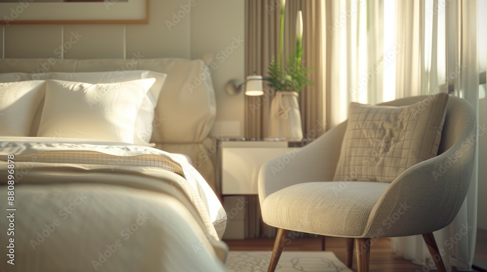 A tranquil modern bedroom interior featuring a comfortable bed and a stylish armchair adorned with natural decor A tranquil modern bedroom interior featuring a comfortable bed and a stylish armchair adorned with natural decor
