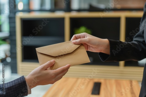 2 people are giving envelopes to each other