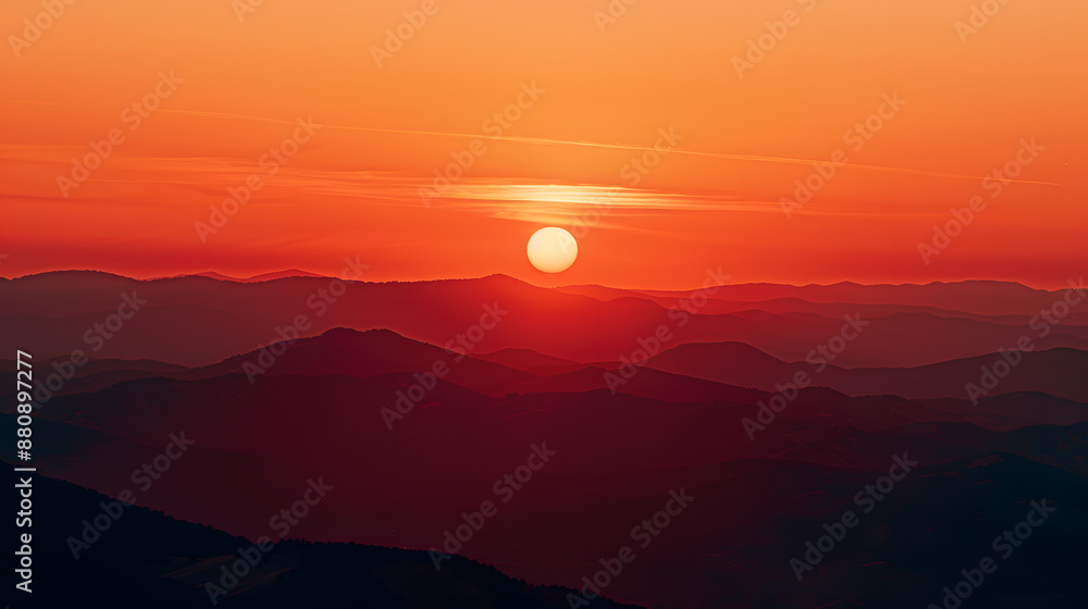 A beautiful sunset over a mountain range with a large sun in the sky A beautiful sunset over a mountain range with a large sun in the sky