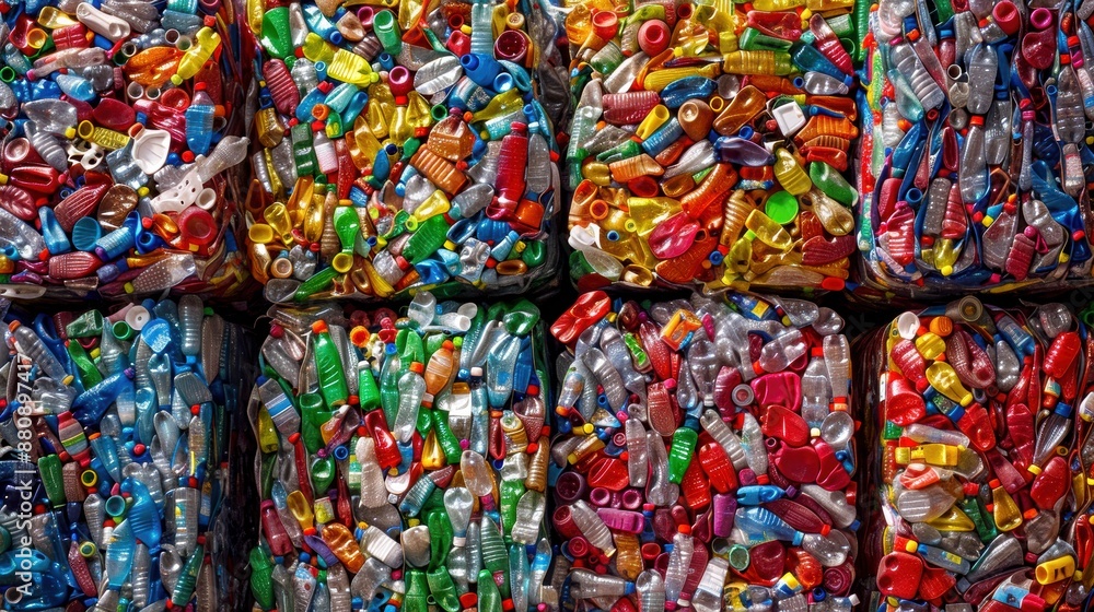 Fototapeta premium Plastic Bottles Ready For Recycling compressed into colorful bales. The bales are stacked and organized for processing.
