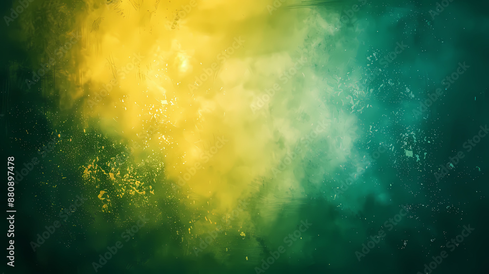 Naklejka premium Abstract green and yellow textured background with brush strokes and splatters, evoking a dynamic, artistic feel.