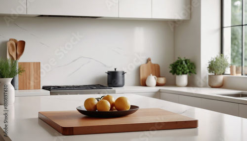 kitchen interior with fireplace, a simple wooden table with clean lines, bathed in soft morning light with a blurred background of a minimalist kitchen with white cabinets and sleek countert photo