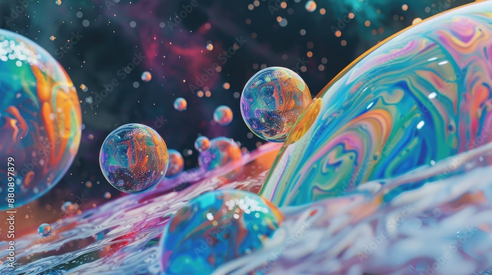 Colorful alien planet in space with soap bubbles observed up close Colorful alien planet in space with soap bubbles observed up close