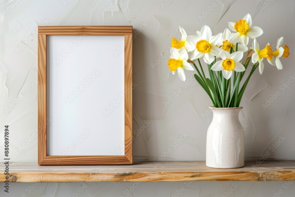 Empty picture frame and bouquet of flowers in vase Empty picture frame and bouquet of flowers in vase