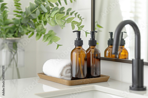 Set of amber cosmetic bottles with towels on marble sink in bathroom. Natural beauty product concept, branding mock-up © Jasmina