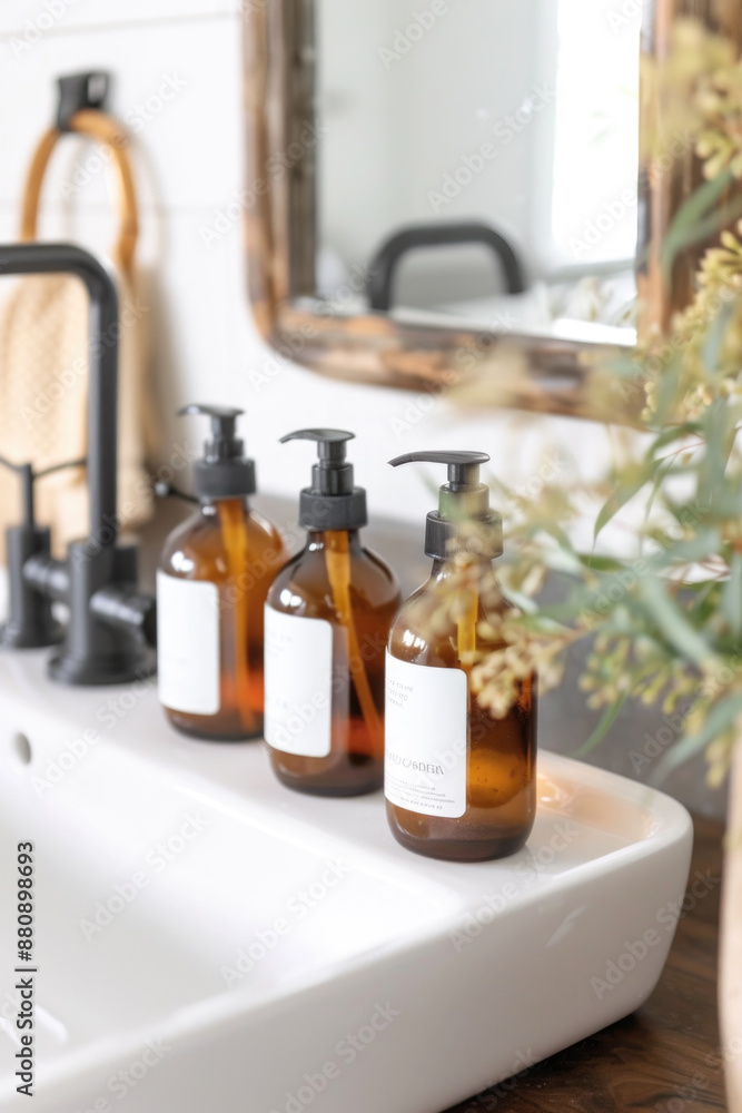 Set of amber cosmetic bottles with towels on marble sink in bathroom. Natural beauty product concept, branding mock-up Set of amber cosmetic bottles with towels on marble sink in bathroom. Natural beauty product concept, branding mock-up