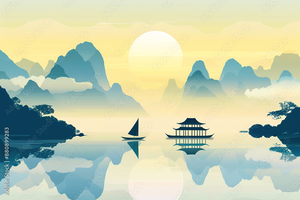 Flat style Chinese traditional ancient style landscape illustration Flat style Chinese traditional ancient style landscape illustration