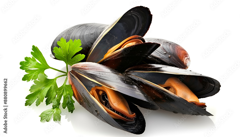 mussel with parsley leaf isolated on white background mussel with parsley leaf isolated on white background
