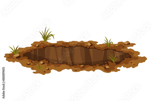 Hole ground. Works digging of sand coal waste rock or gravel. Brown, dry mine element of landscape. Cartoon illustration
