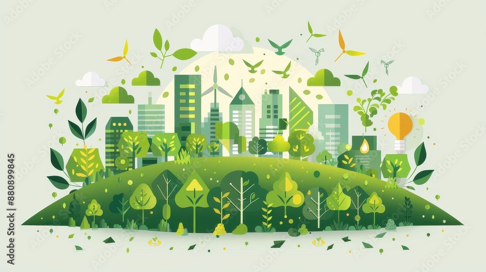 Fototapeta premium Green energy solutions, eco-friendly business growth, flat design illustration