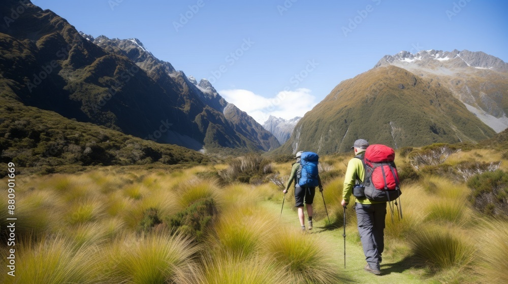 Obraz premium Senior Couple Hiking Scenic Mountain Trail - Vibrant Image of Active Elderly Outdoor Adventure
