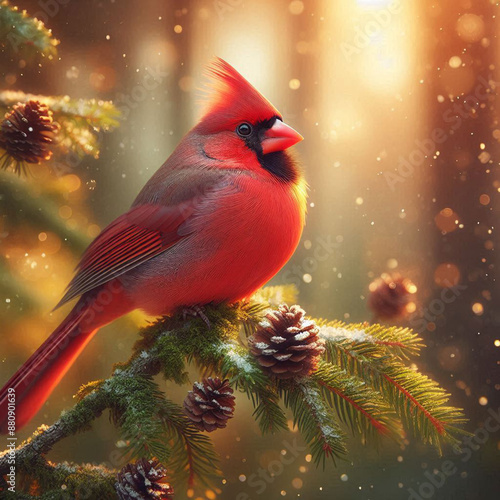 Close-up Northern Cardinal perching on branch,Bird Photography