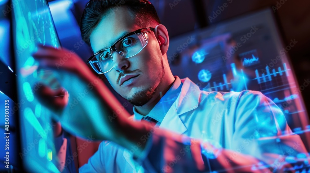 Fototapeta premium Scientist Analyzing Data on a Touchscreen Display