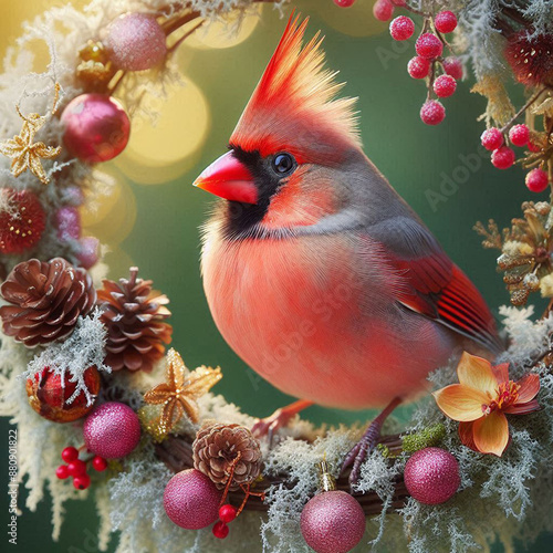 Close-up Northern Cardinal perching on branch,Bird Photography