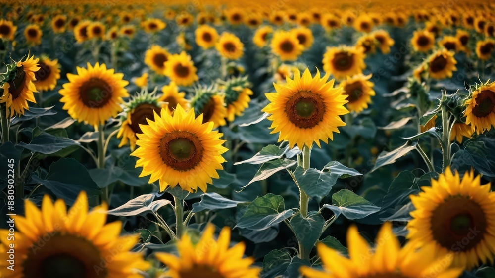 A vibrant sunflower field in full bloom, basking in the bright summer sunlight, conveying themes of nature, tranquility, and seasonal beauty A vibrant sunflower field in full bloom, basking in the bright summer sunlight, conveying themes of nature, tranquility, and seasonal beauty