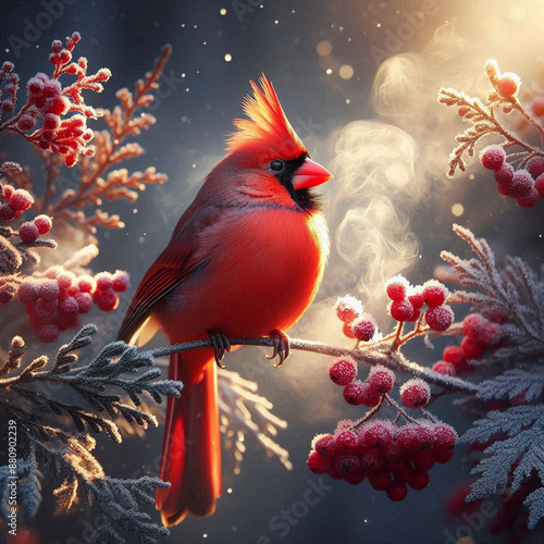 Close-up Northern Cardinal perching on branch,Bird Photography