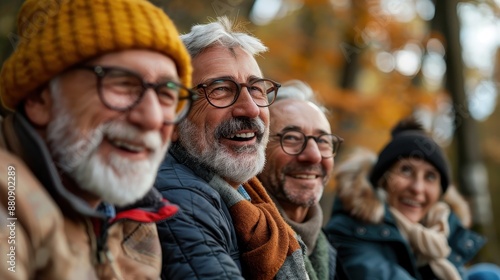 Middle-aged friends laughing, photorealistic outdoor setting,