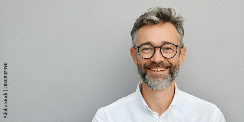 Fototapeta premium Portrait of a smiling bearded man in glasses for professional profiles. Concept Business Headshots, Professional Portraits, Smart Casual Attire