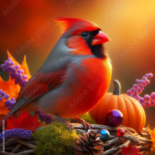 Close-up Northern Cardinal perching on branch,Bird Photography