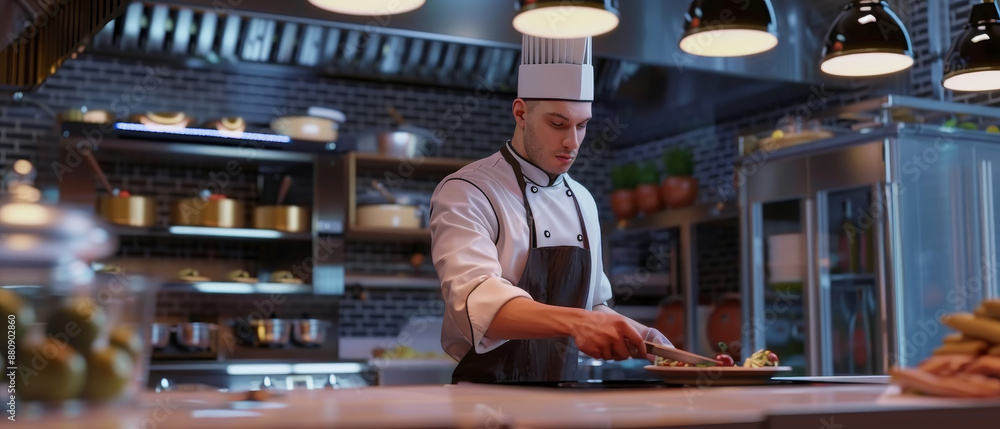 Fototapeta premium A focused chef in a professional kitchen, meticulously plating a dish under warm, ambient light.