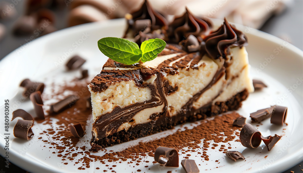 Chocolate swirl cheesecake on a white plate. Chocolate swirl cheesecake on a white plate.